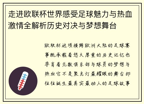 走进欧联杯世界感受足球魅力与热血激情全解析历史对决与梦想舞台